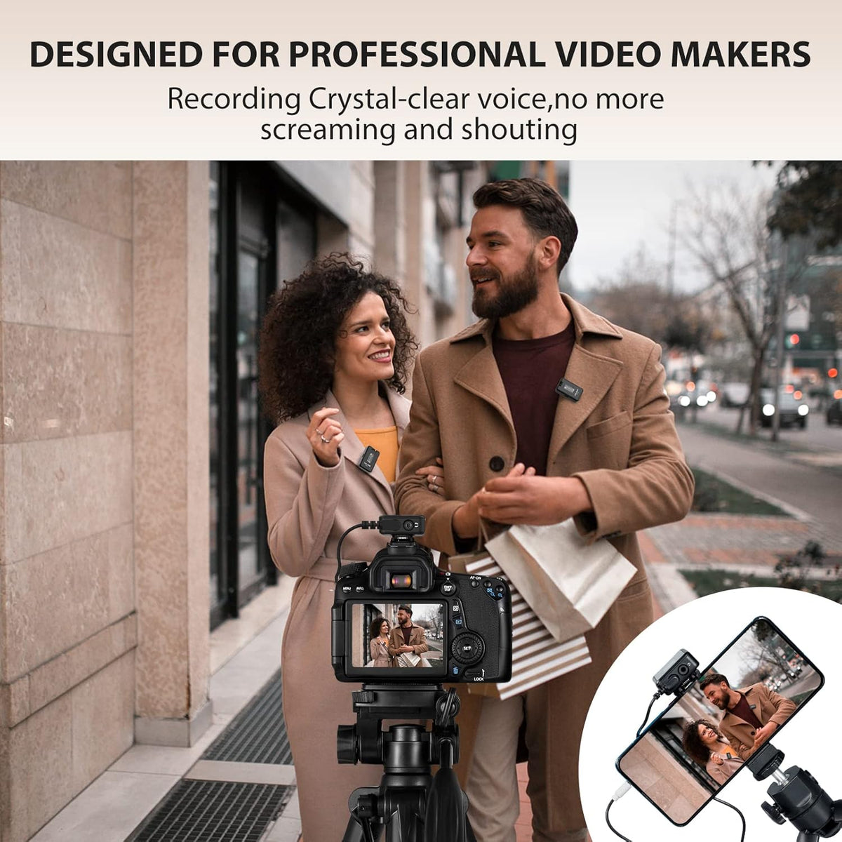Wireless Lavalier Microphone with Charging Case, 2.4G Compact Dual-Channel Lapel Mic System E44618