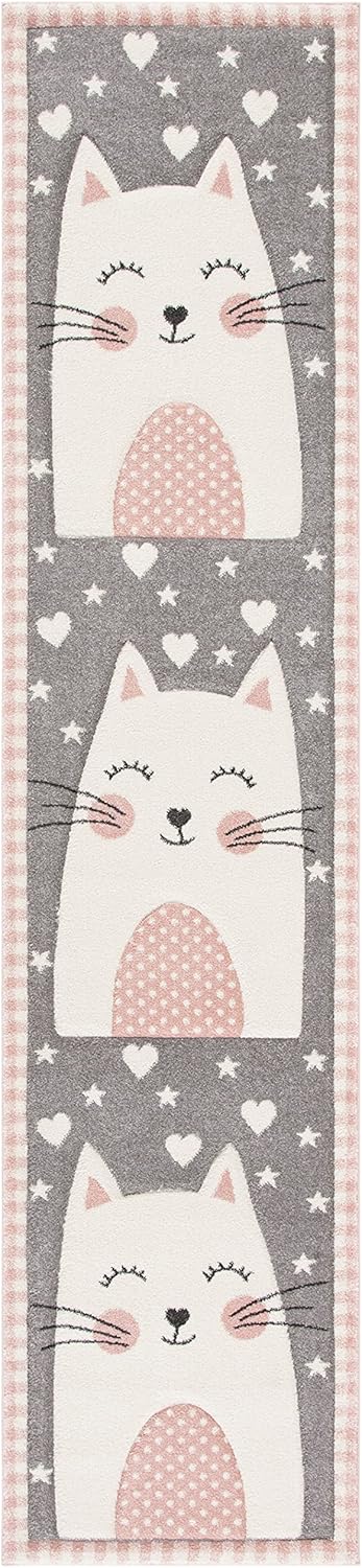 2'3" x 12' Pink & Grey Cat Design Runner Rug T43194