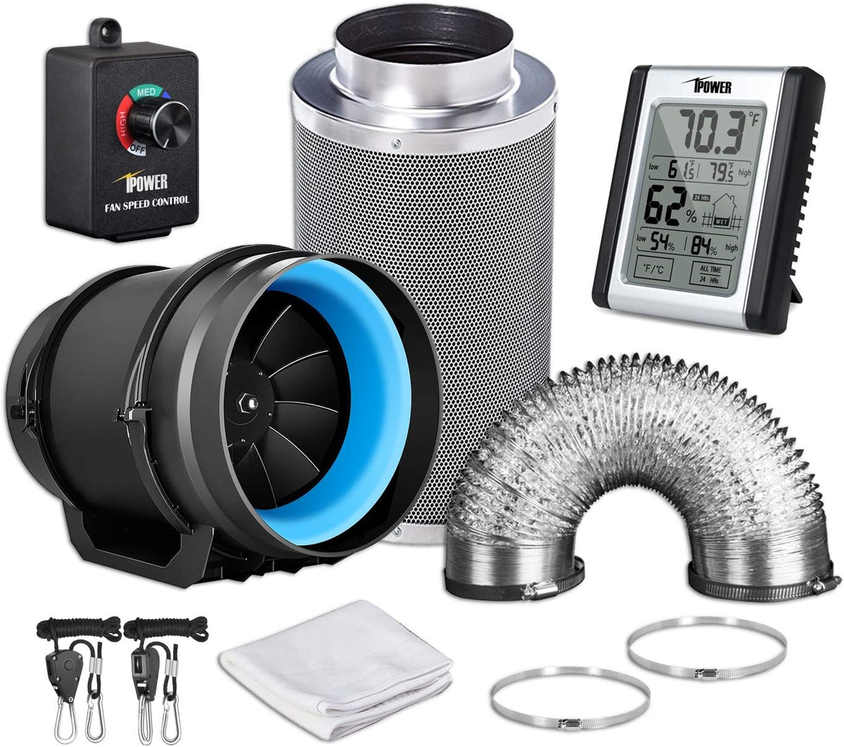 8 Inch 500 CFM Inline Fan with Carbon Filter and Ducting H119