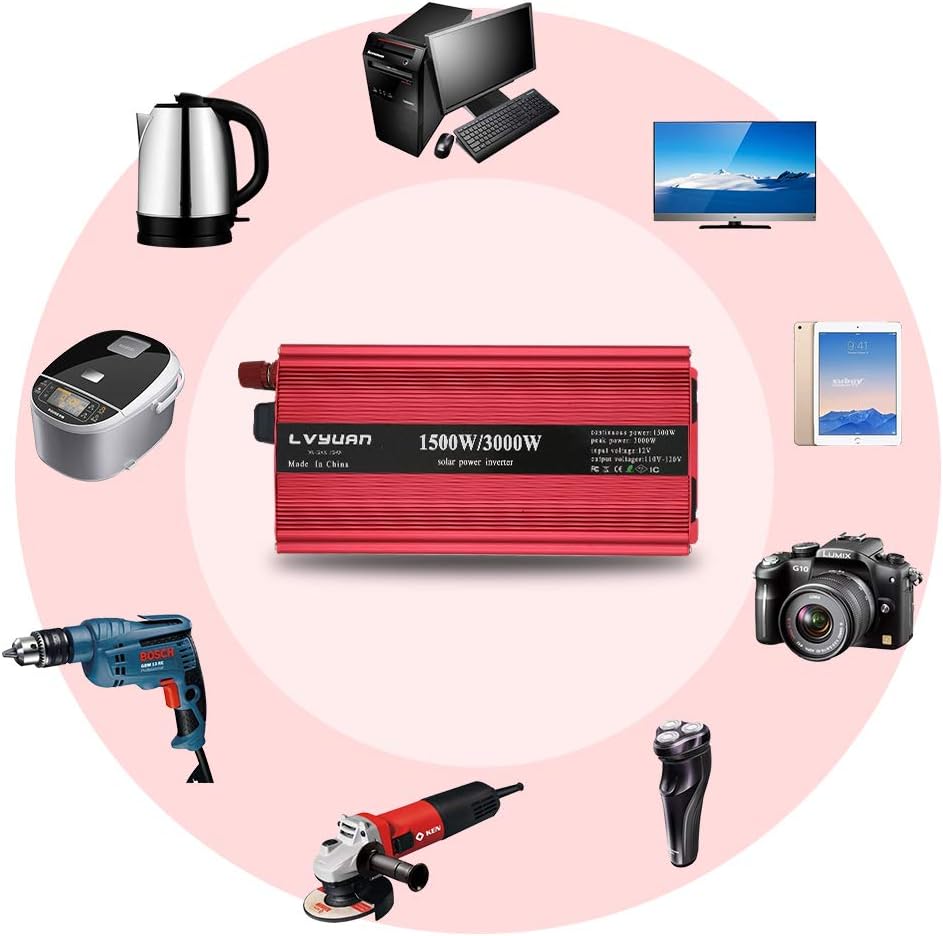 1500W Power Inverter Dual AC Outlets Dual USB DC 12V to 110V AC Car Inverter with Digital Display 4 External 40A Fuses Y1009