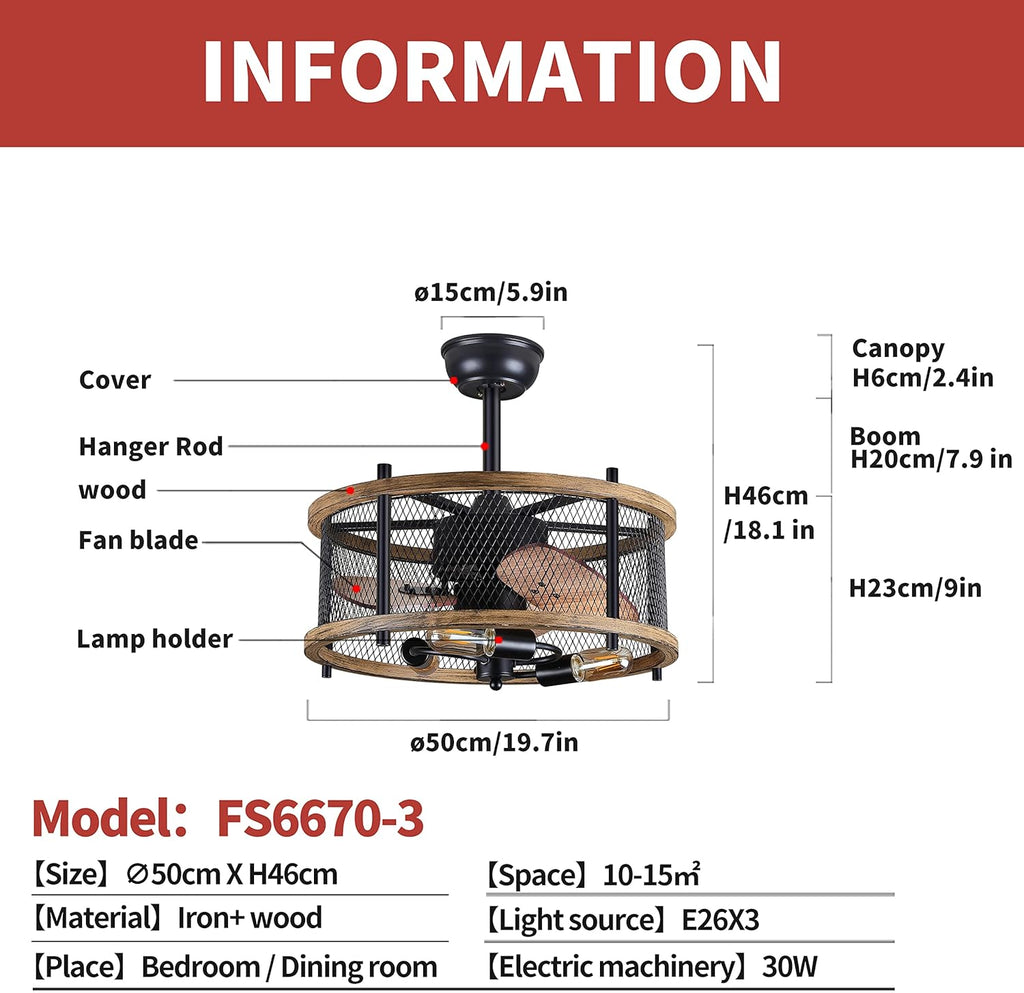 20-inch Industrial Caged Ceiling Fan with Lights Remote Control Q538793