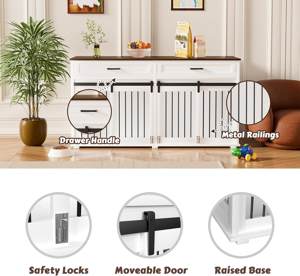 White Wooden Dog Crate with 2 Storage Drawers and Removable Divider G159