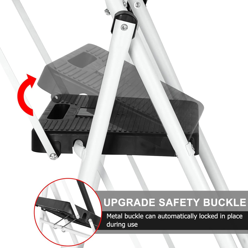 White 3 Step Ladder with Handrails & Attachable Tool Bag, 500 lbs Folding Step Stool X9543
