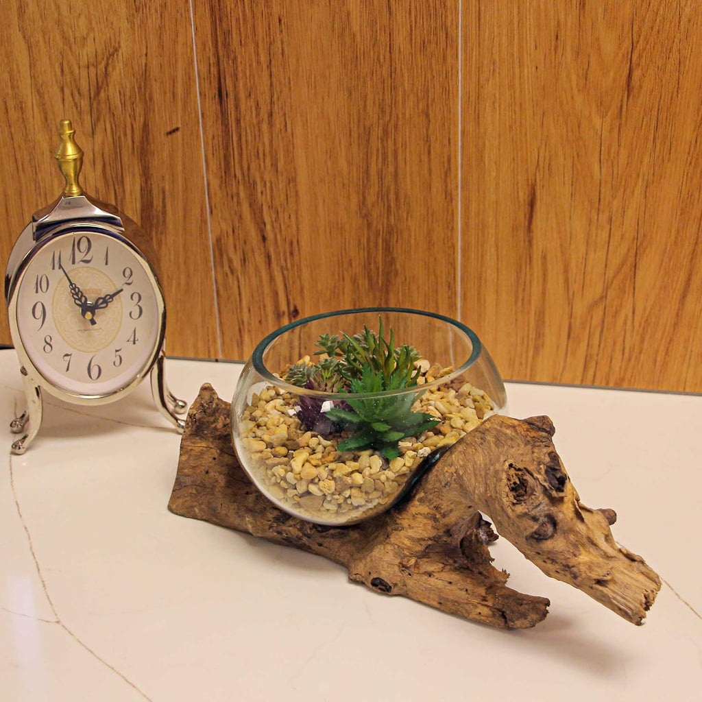 7-Inch Melted Glass and Teak Driftwood Centerpiece Bowl D8481