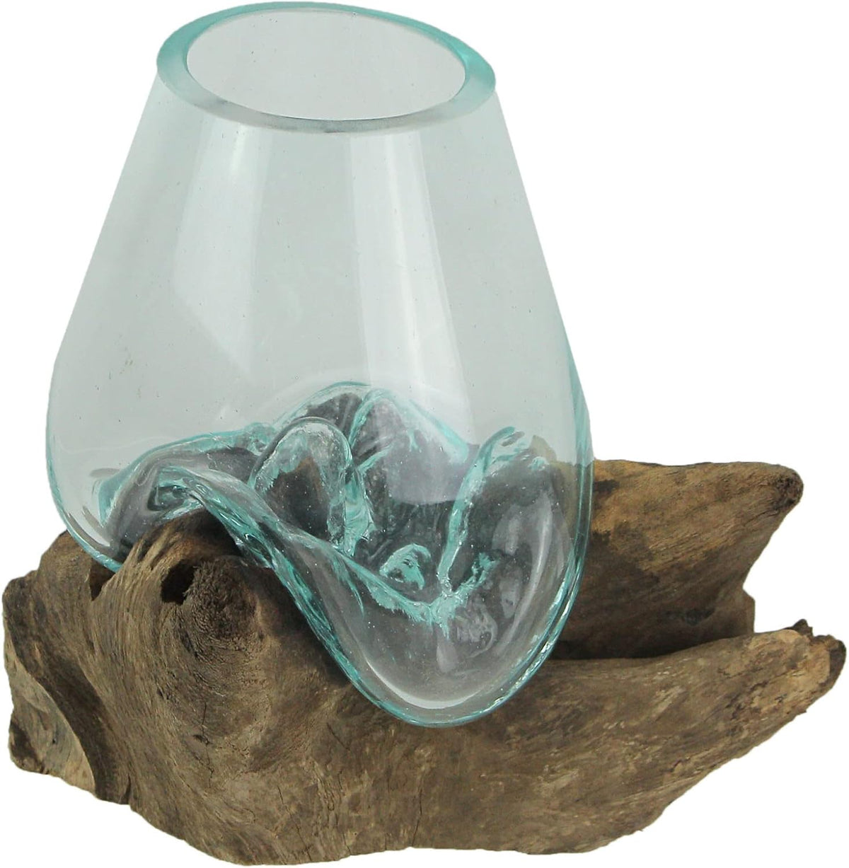 7-Inch Melted Glass and Teak Driftwood Centerpiece Bowl D8481