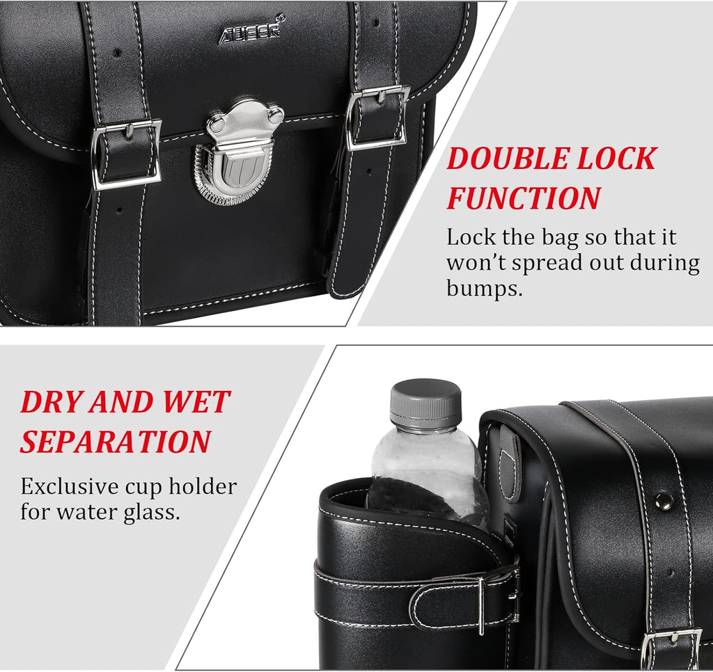 2 Pack Black Synthetic Leather Lockable Motorcycle Saddlebags K645952