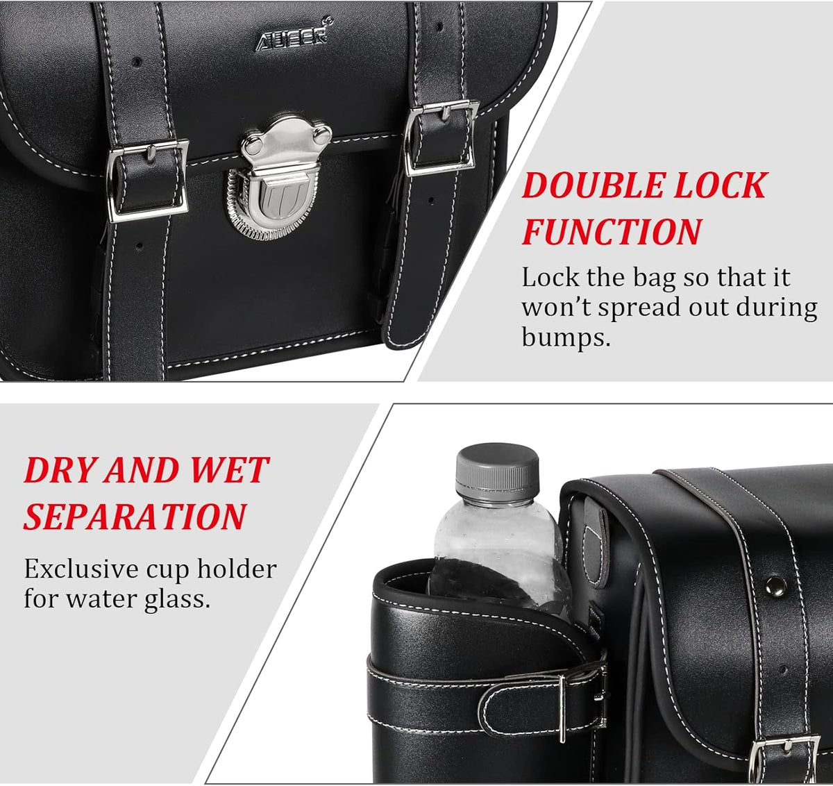 2 Pack Black Synthetic Leather Lockable Motorcycle Saddlebags K645952