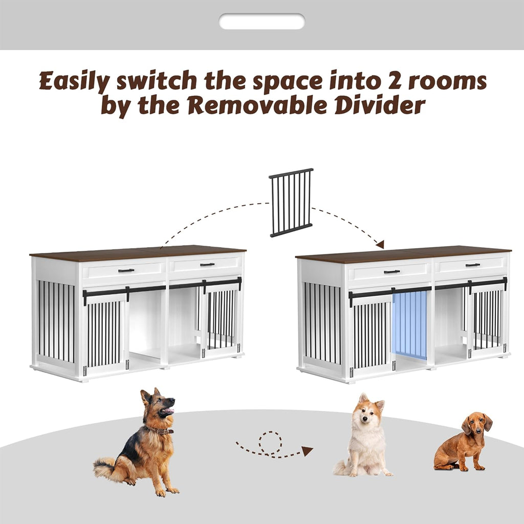 White Wooden Dog Crate with 2 Storage Drawers and Removable Divider G159