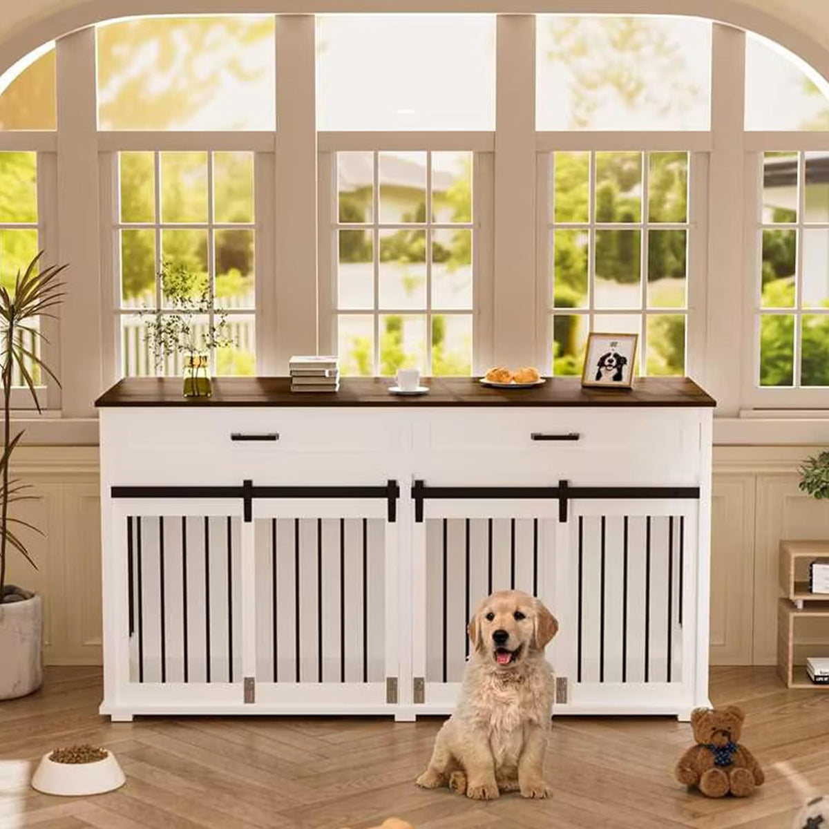 White Wooden Dog Crate with 2 Storage Drawers and Removable Divider G159