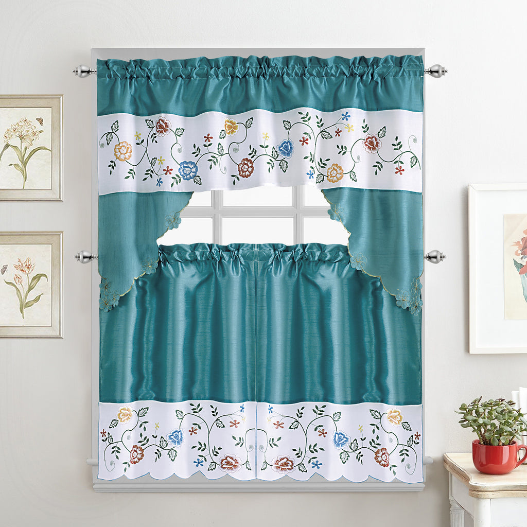 Turquoise 3-Piece Kitchen Curtain Set, 58x36 & 28x36 inches Z946