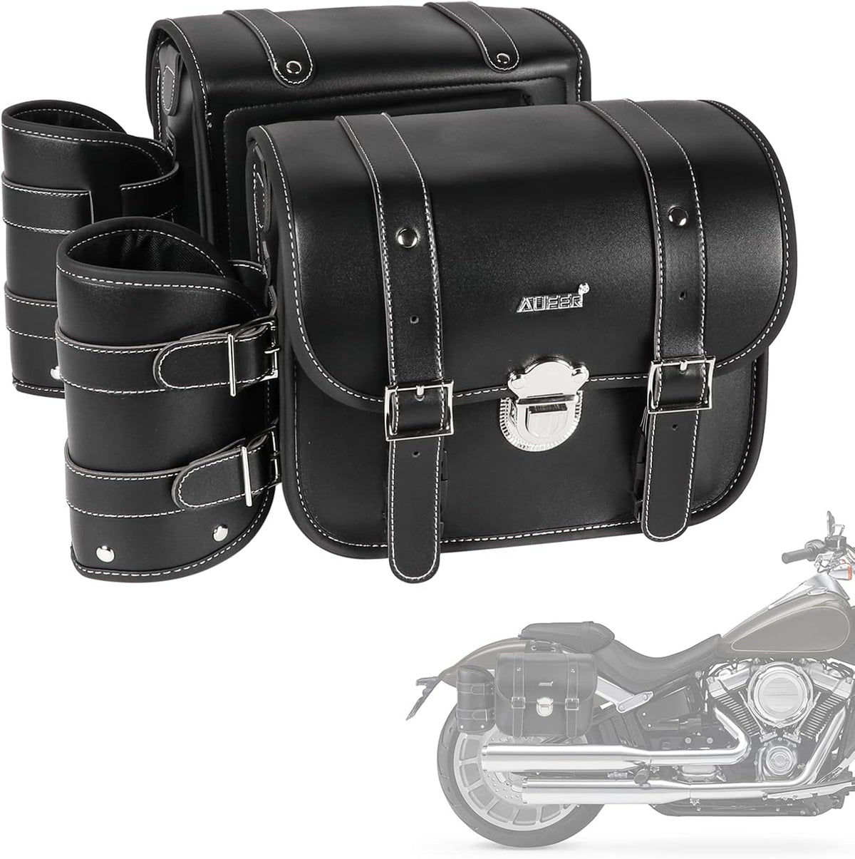 2 Pack Black Synthetic Leather Lockable Motorcycle Saddlebags K645952