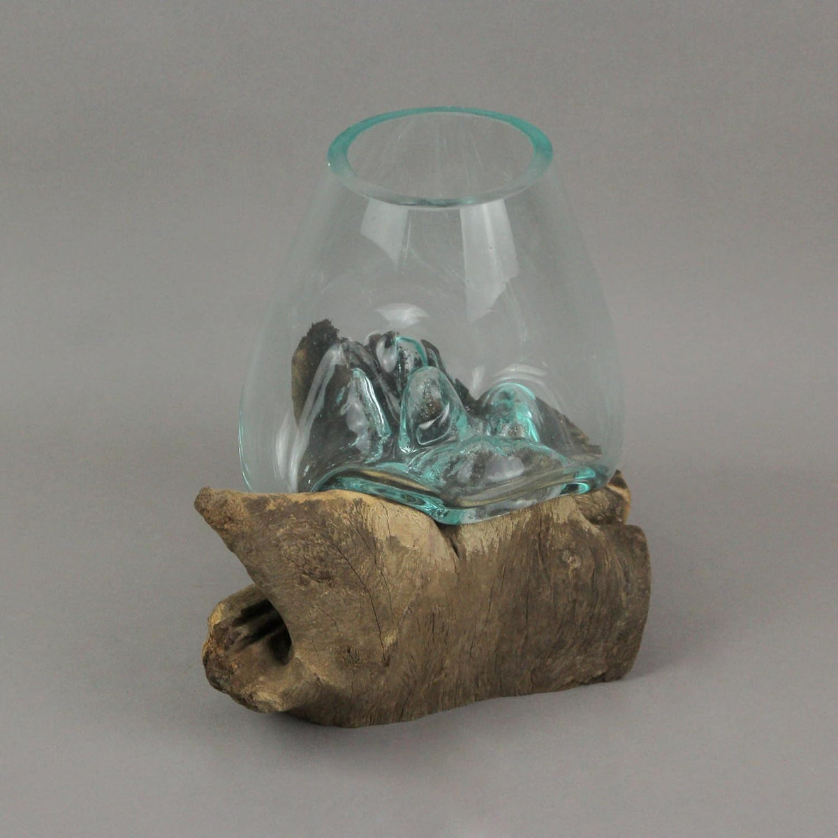 7-Inch Melted Glass and Teak Driftwood Centerpiece Bowl D8481