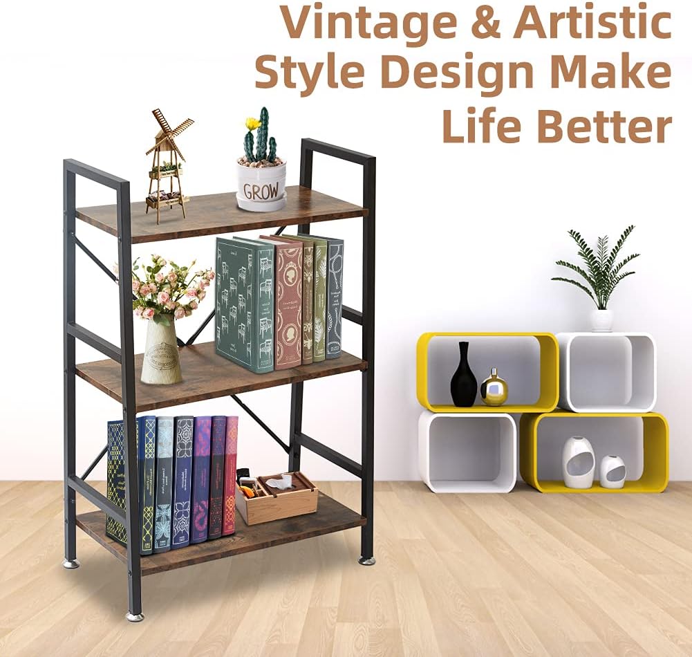 3 Tier Rustic Wood and Metal Bookshelf M632