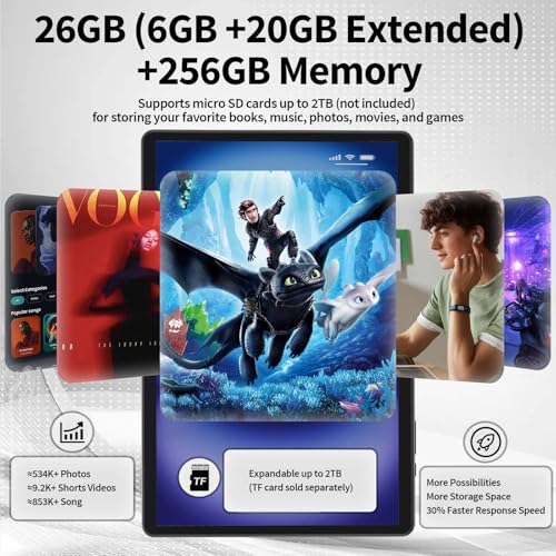 Android 14 Tablet 10 inch with Keyboard, 26GB RAM+256GB ROM, 8000mAh, Black S8642
