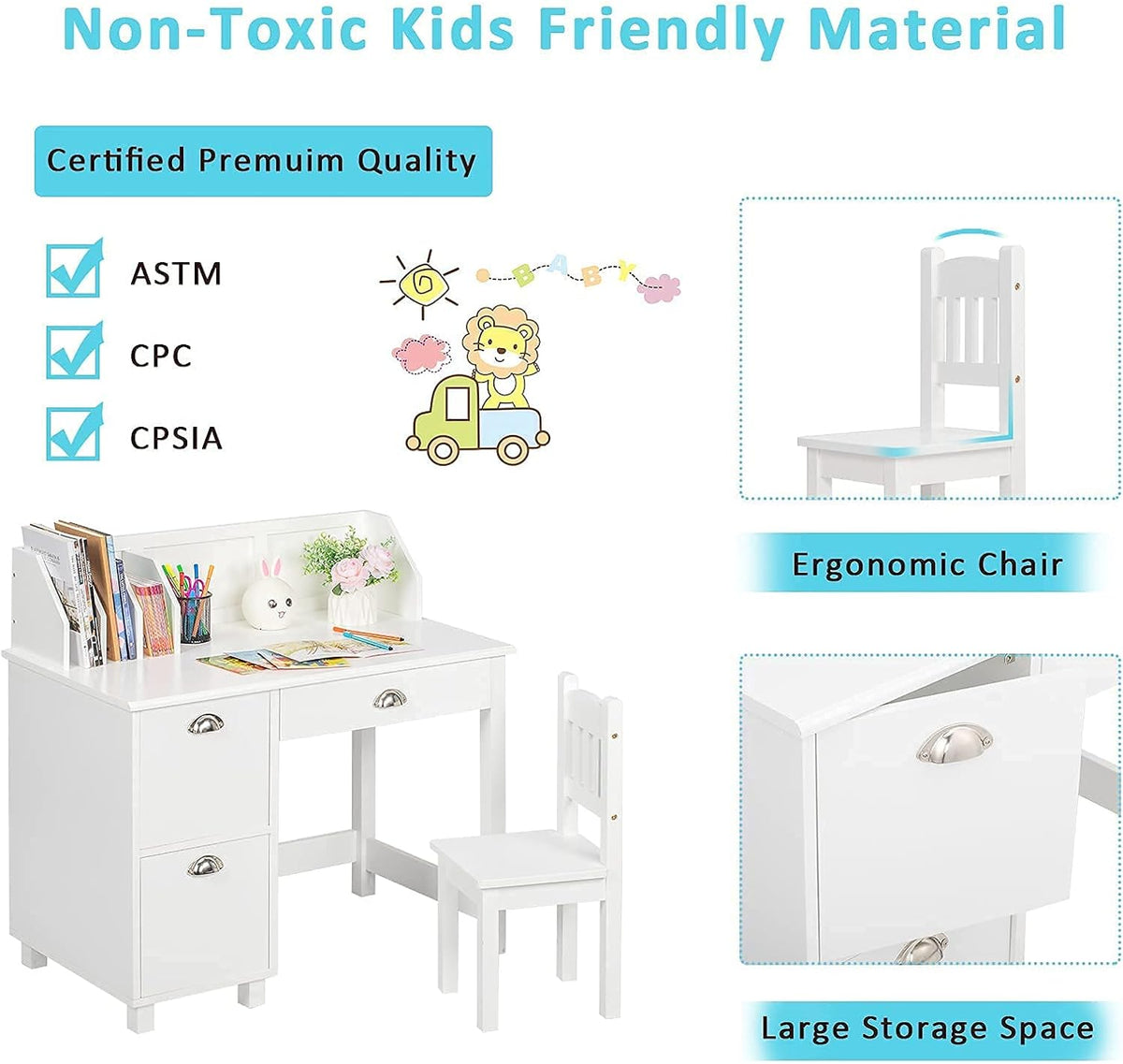 Kids Desk and Chair Set with Hutch and Storage G403