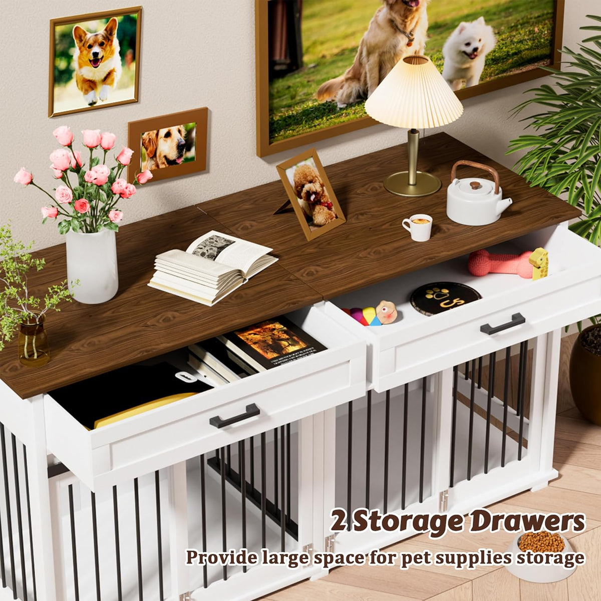 White Wooden Dog Crate with 2 Storage Drawers and Removable Divider G159