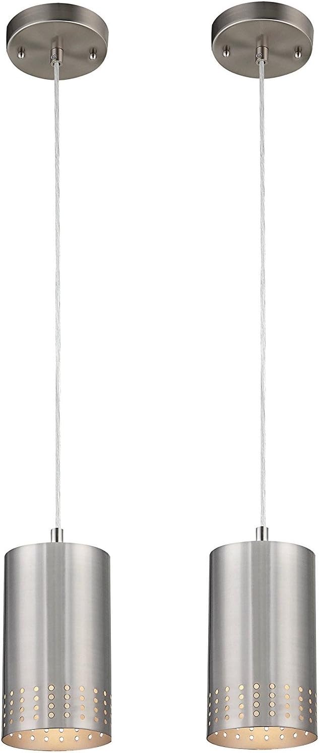 Adjustable Mini Pendant with Perforated Cylindrical Metal Shade, Brushed Nickel, Pack of 2 K2082