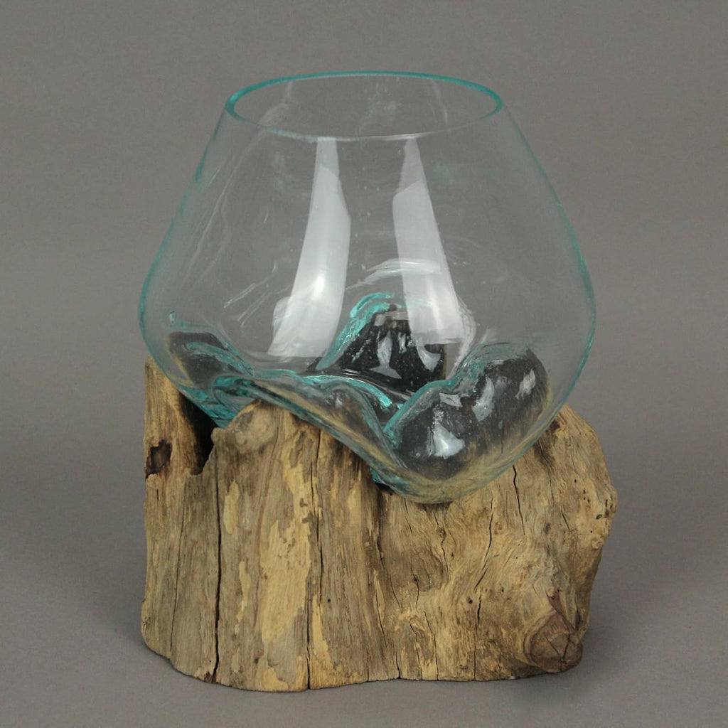 7-Inch Melted Glass and Teak Driftwood Centerpiece Bowl D8481