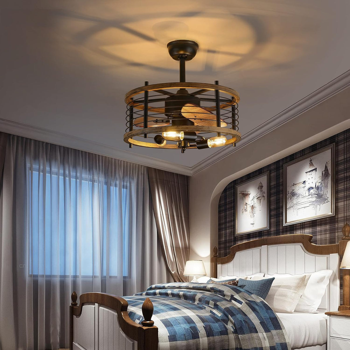 20-inch Industrial Caged Ceiling Fan with Lights Remote Control Q538793