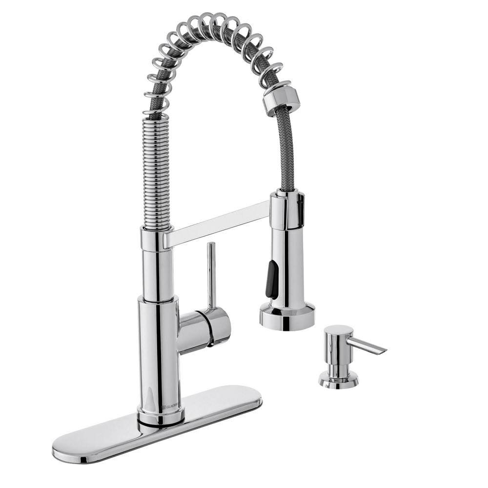Single-Handle Pull-Down Kitchen Faucet with Soap Dispenser in Chrome J432190
