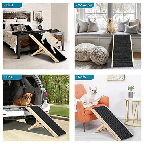 Wooden Folding Pet Ramp with Non Slip Carpet Surface, 4 Levels Height Adjustable Up to 110Lbs E123