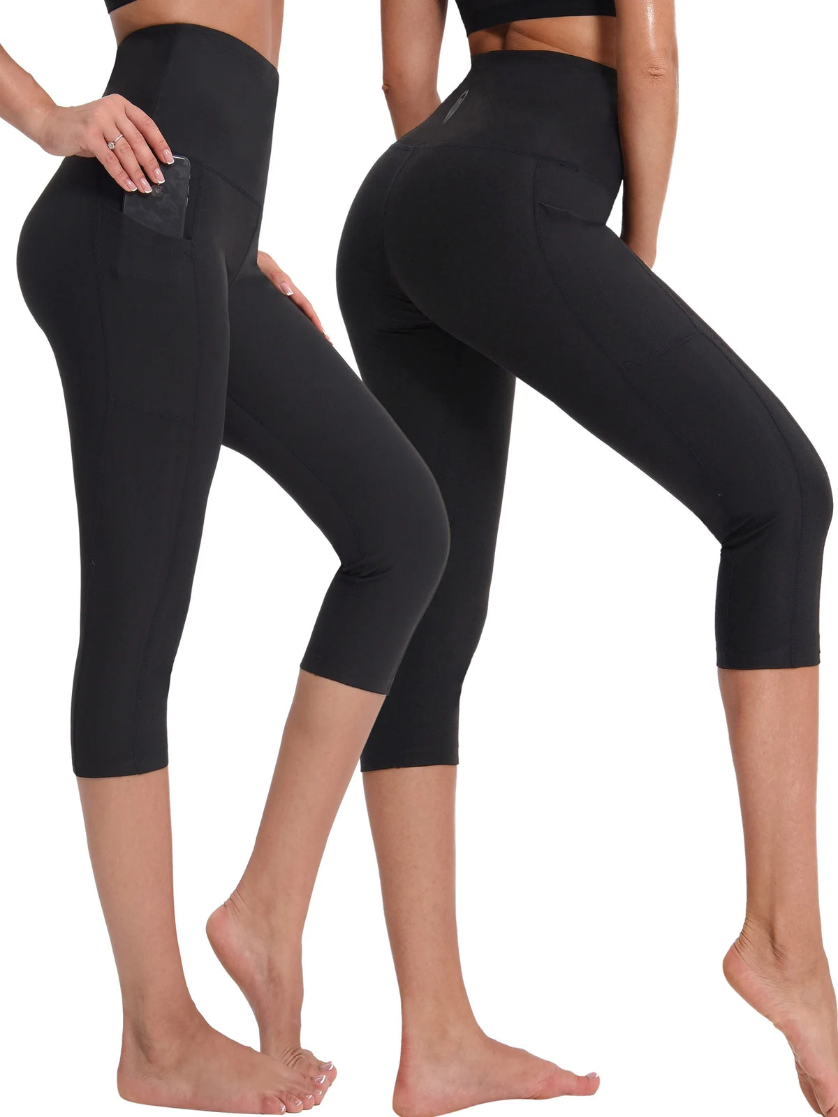 Black Blue High Waist Stretch Capri Leggings with Pockets A4343