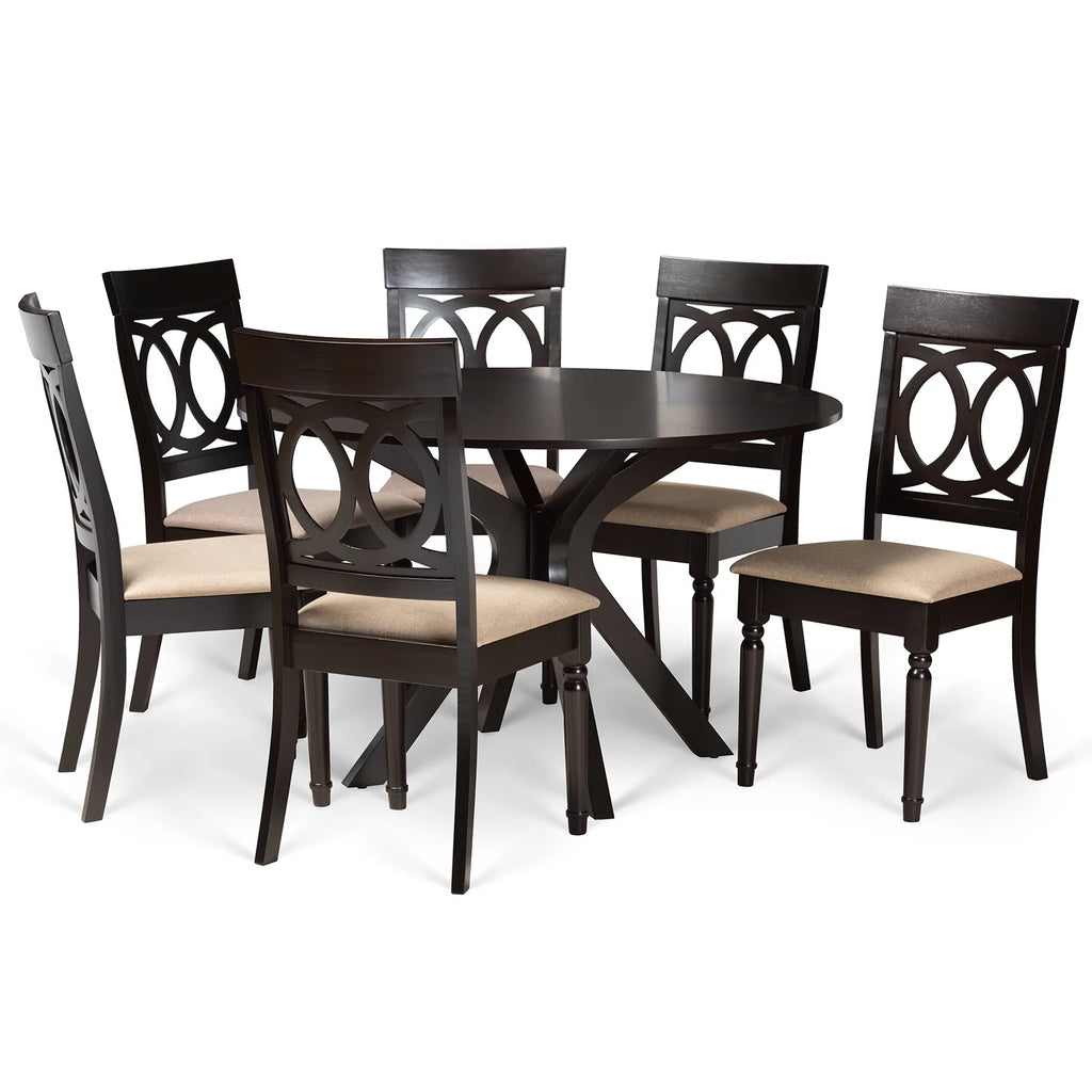 Sand Fabric Upholstered Dark Brown Wood 7-Piece Dining Set P7686