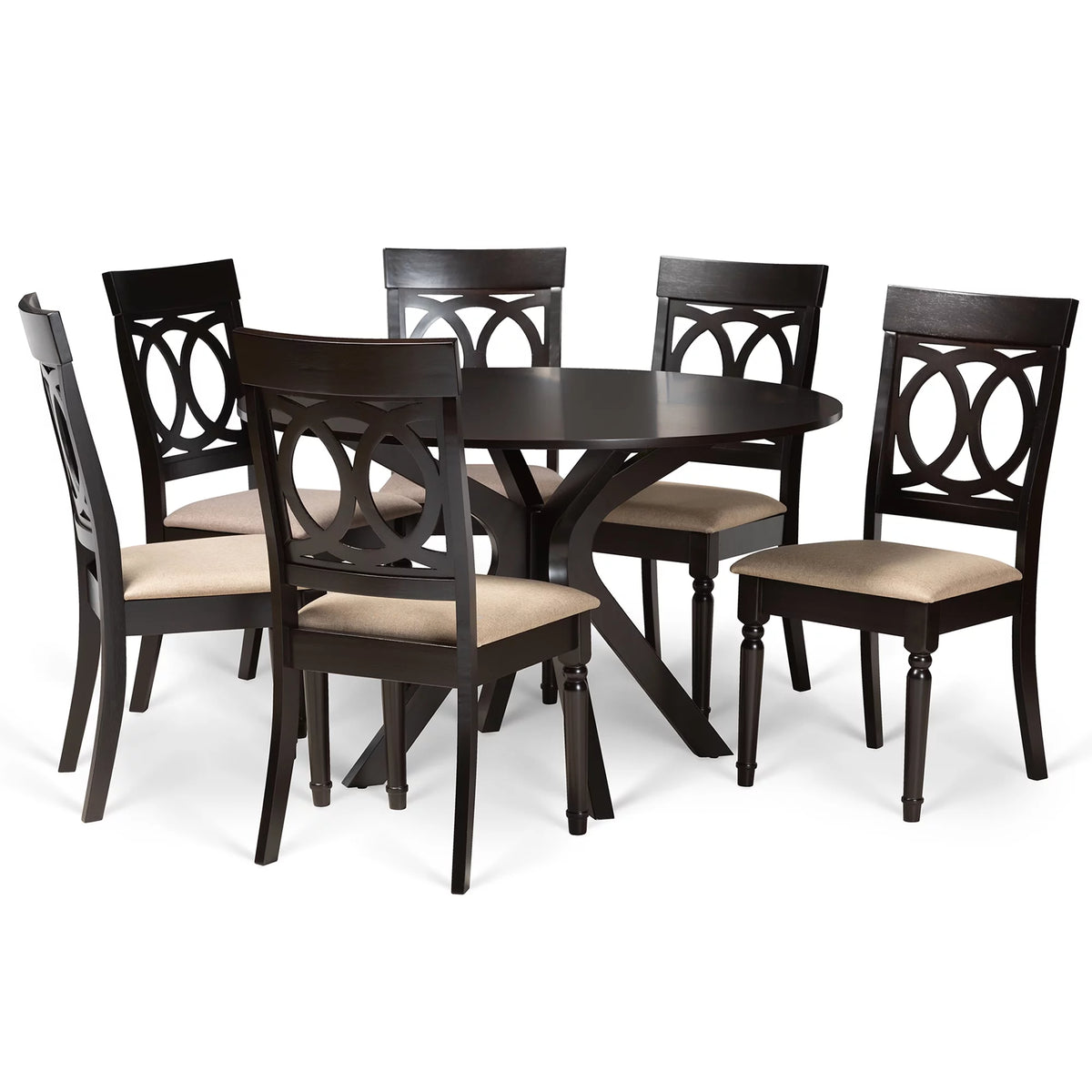 Sand Fabric Upholstered Dark Brown Wood 7-Piece Dining Set P7686