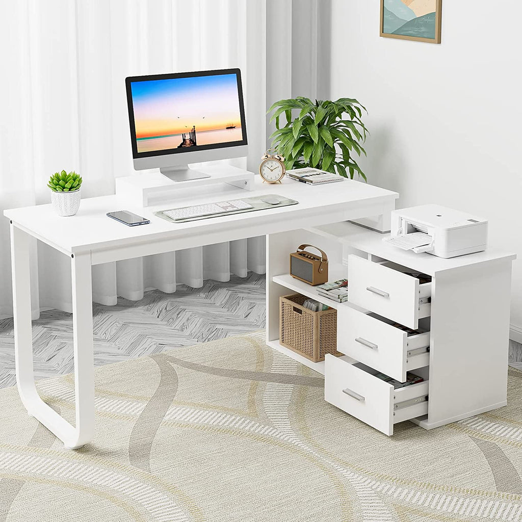 White L Shaped Desk with Drawers 55 inch Reversible Computer Desk with Shelves D947343