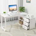 White L Shaped Desk with Drawers 55 inch Reversible Computer Desk with Shelves D947343