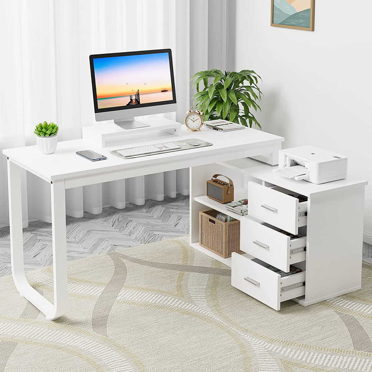 White L Shaped Desk with Drawers 55 inch Reversible Computer Desk with Shelves D947343