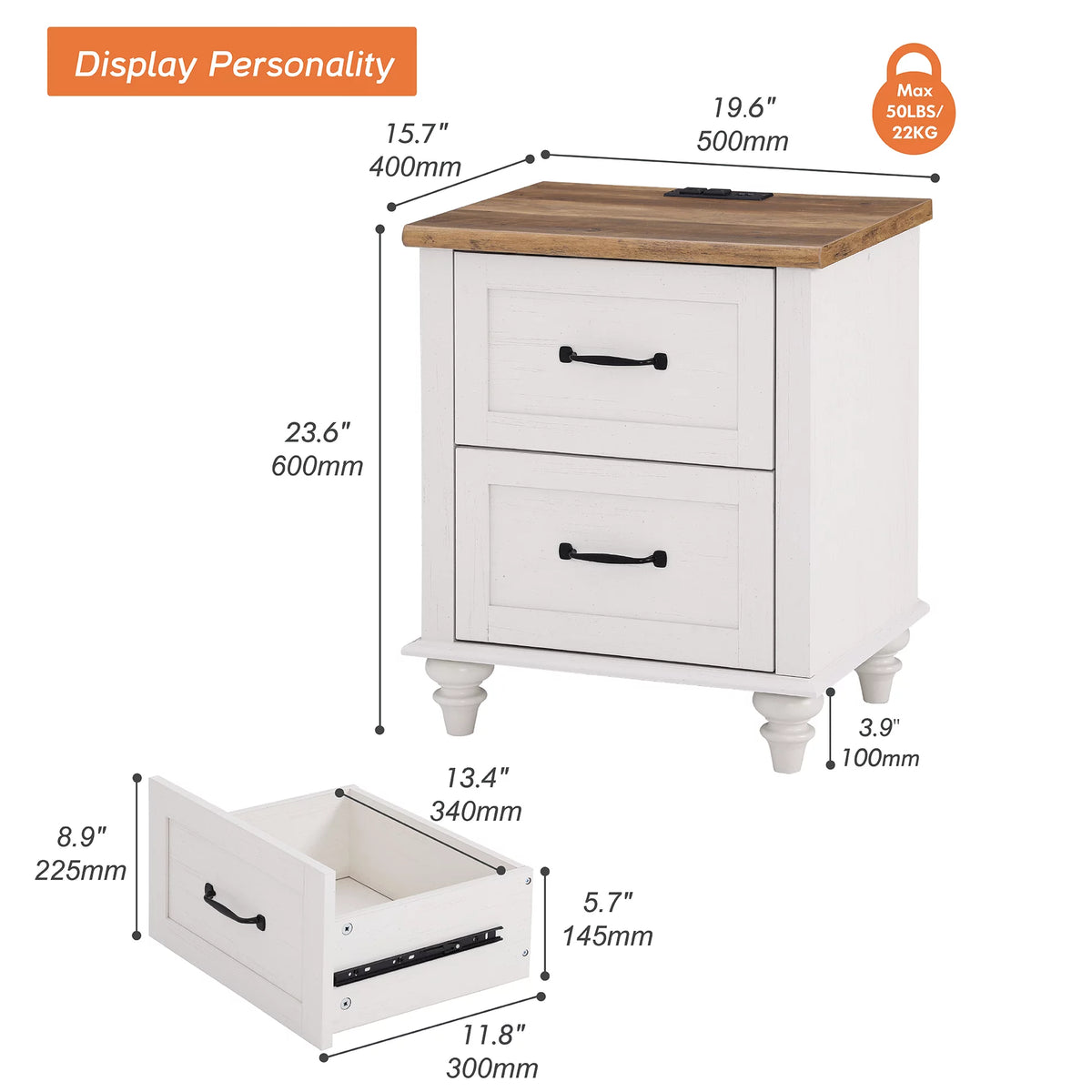 White Oak Set of 2 Wooden Nightstand with 2 Drawers M219616