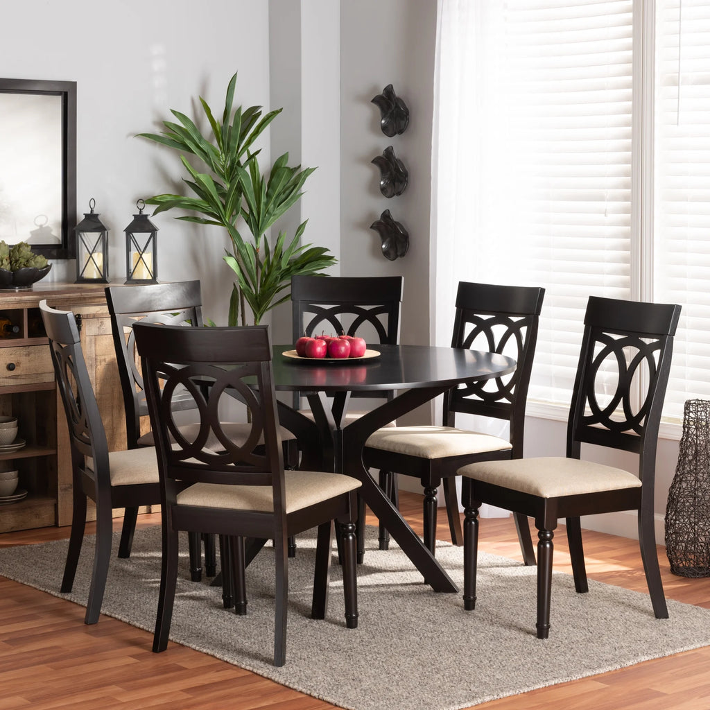Sand Fabric Upholstered Dark Brown Wood 7-Piece Dining Set P7686