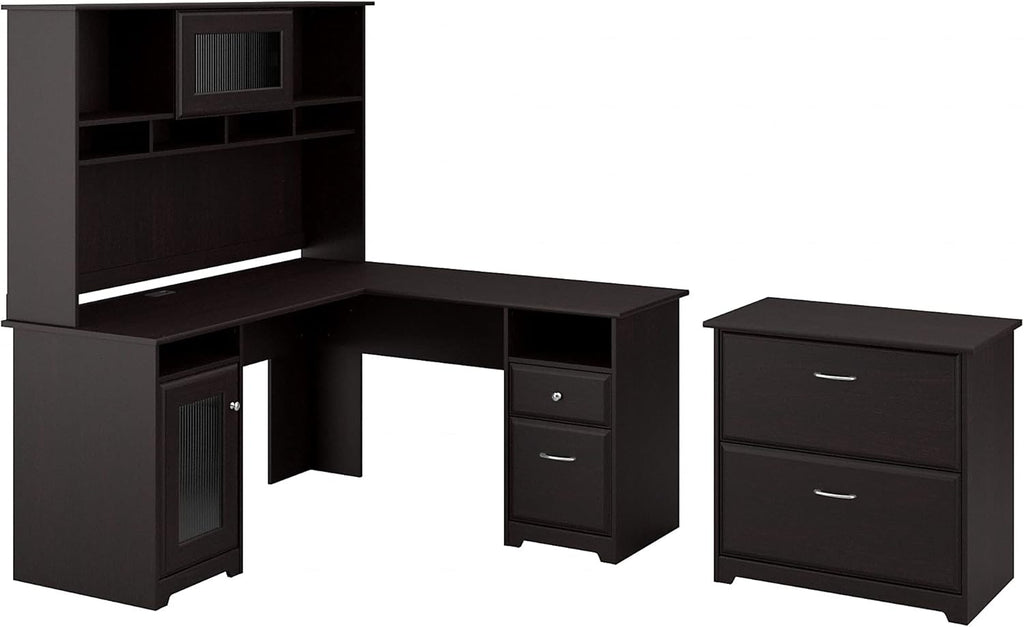 L Shaped Desk with Hutch and Lateral File Cabinet Q657