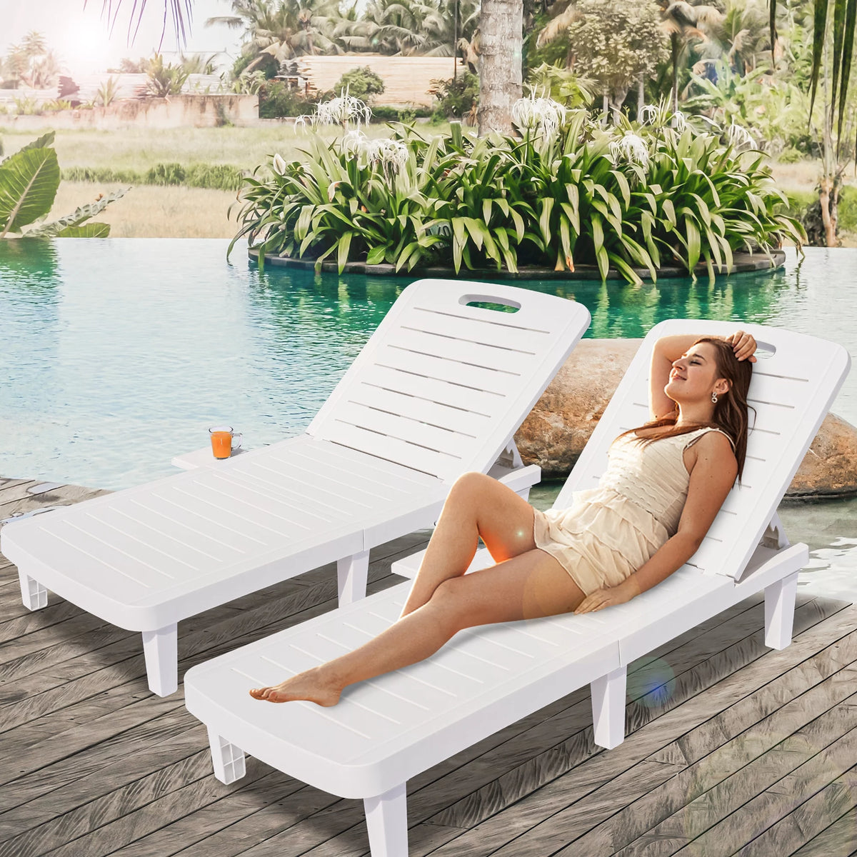 2 Pieces Patio Chaise Lounge Set with Side Table, White I708972