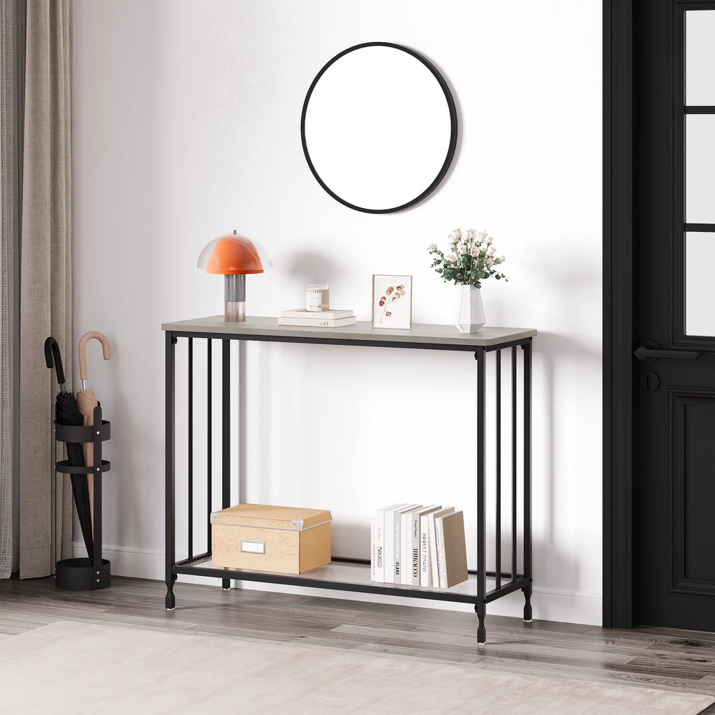 Gray Console Table with Glass Shelf and Metal Frame G16539