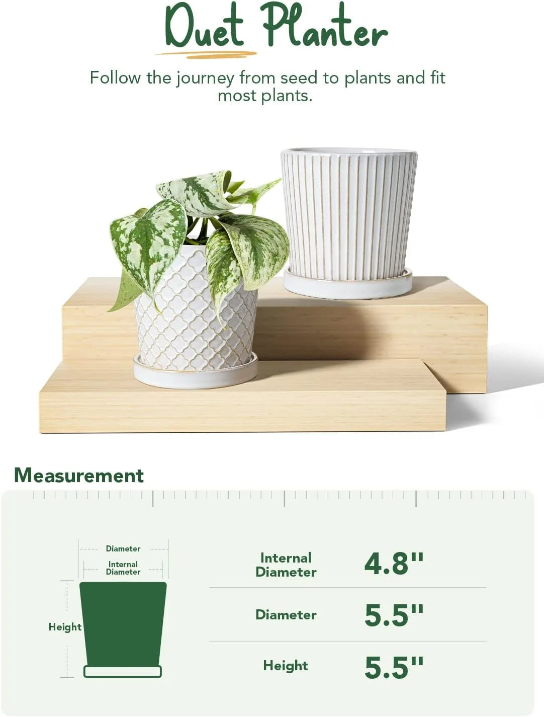 5.4 Inch Embossed Ceramic Plant Pots with Drainage, Set of 2, White I28965