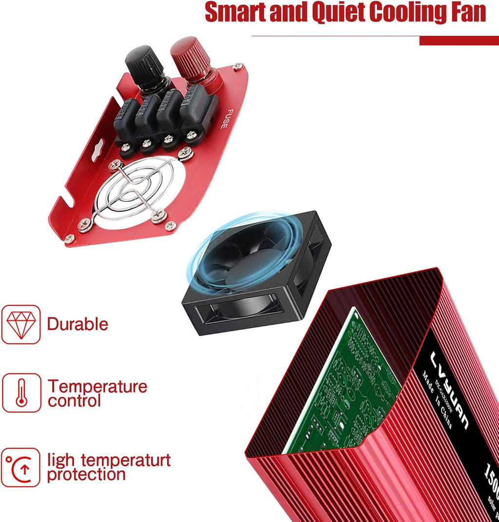 1500W Power Inverter Dual AC Outlets Dual USB DC 12V to 110V AC Car Inverter with Digital Display 4 External 40A Fuses Y1009