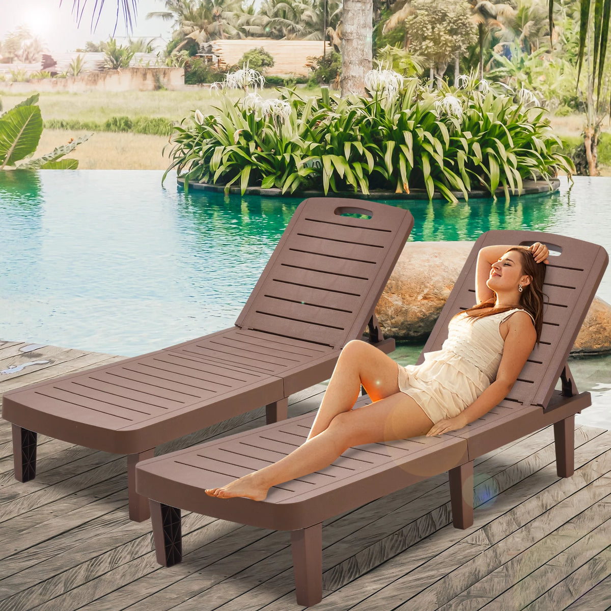 2 Pieces Patio Chaise Lounge Set with Side Table, White I708972