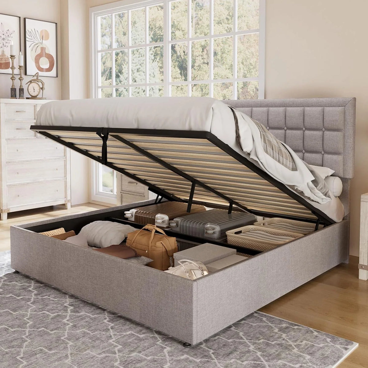 King Size Lift Up Storage Upholstered Platform Bed Frame W9472