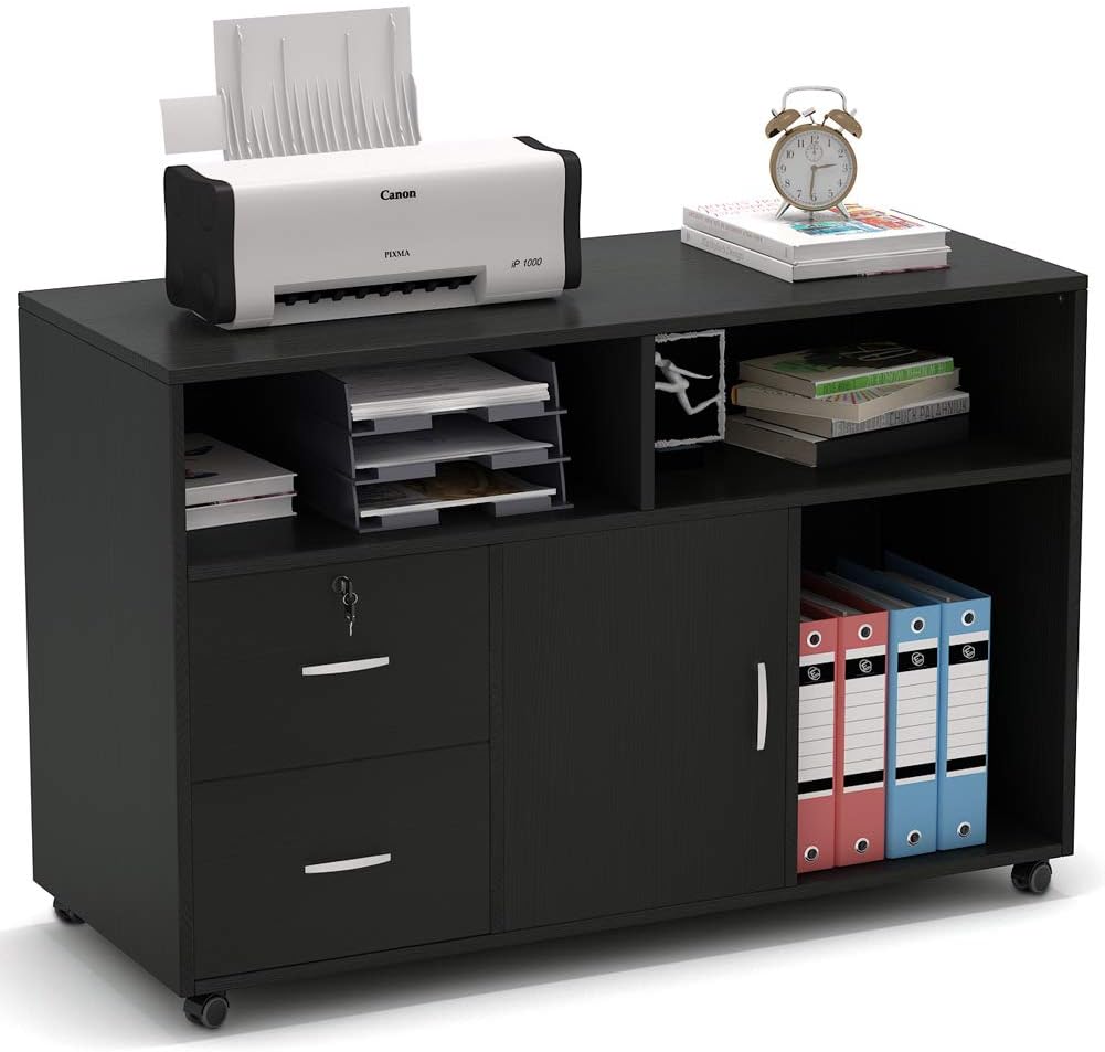 Black 2 Drawer Wood File Cabinet with Locks and Wheels V4975