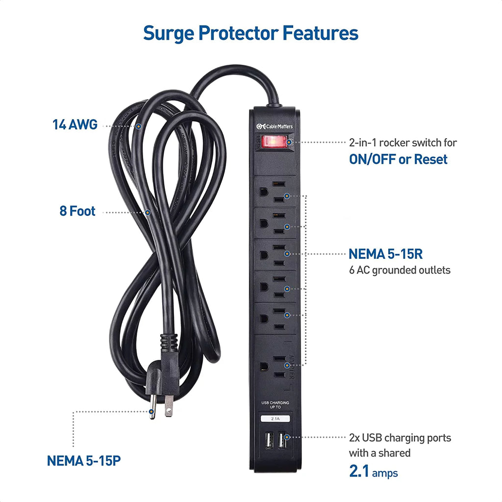 2-Pack 6 Outlet Surge Protector Power Strip with USB Charging Ports, 8 Foot Cord, Black V1251