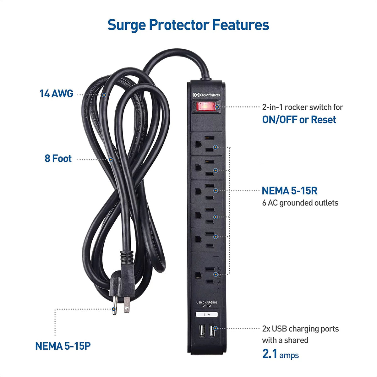 2-Pack 6 Outlet Surge Protector Power Strip with USB Charging Ports, 8 Foot Cord, Black V1251