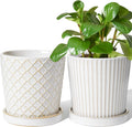 5.4 Inch Embossed Ceramic Plant Pots with Drainage, Set of 2, White I28965