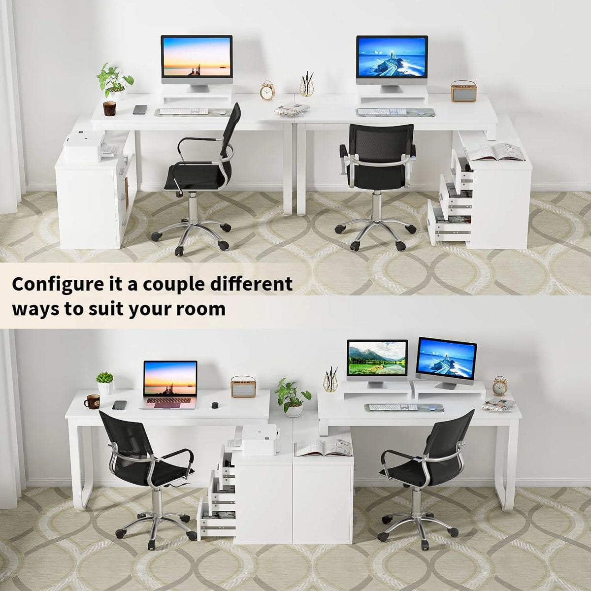 White L Shaped Desk with Drawers 55 inch Reversible Computer Desk with Shelves D947343