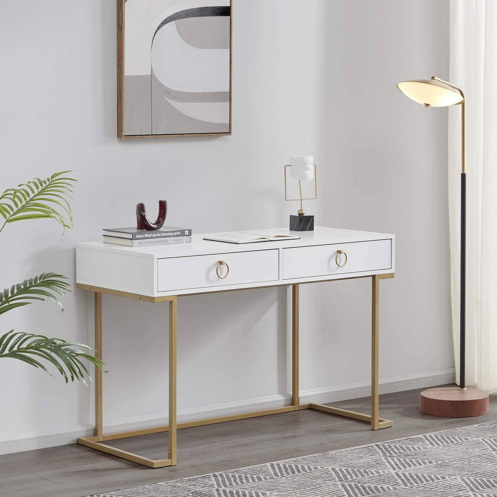 White & Gold Desk Console with Drawers L36649