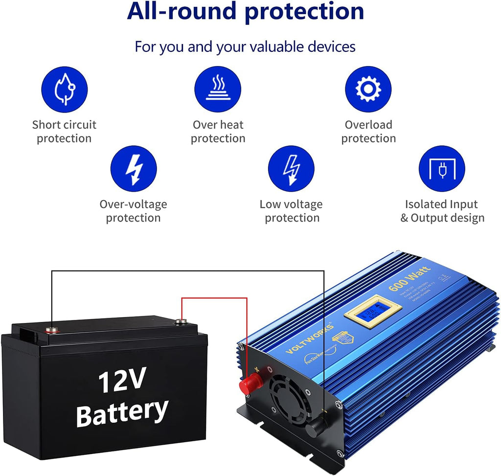 600 Watts Pure Sine Wave Power Inverter DC 12V to AC 110V with Dual USB Port & LCD Display D134