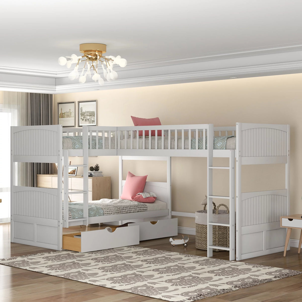 Twin Size L-Shaped Wood Triple Bunk Bed with Drawers F630