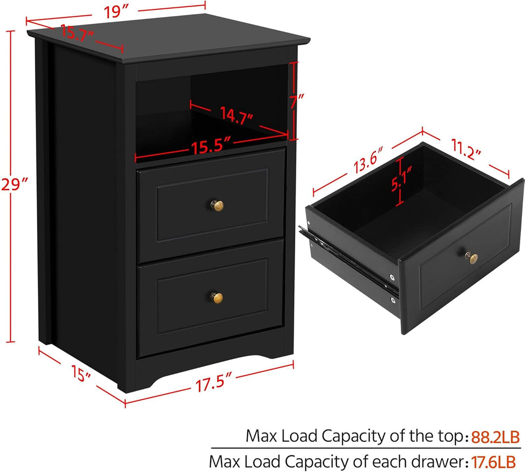 Black Tall End Table with 2 Drawers and Open Shelf U1724