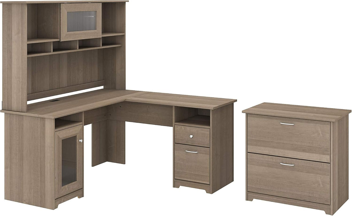 L Shaped Desk with Hutch and Lateral File Cabinet Q657